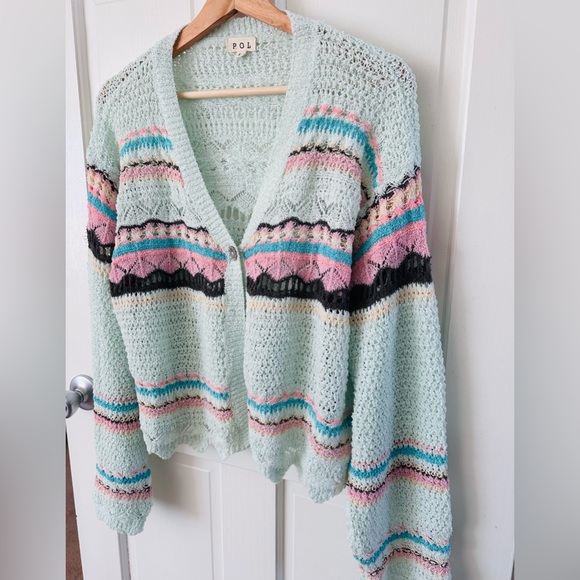 POL Arctic Blue Abstract Print Cropped Crochet Cardigan Sweater Size L - Picture 5 of 14